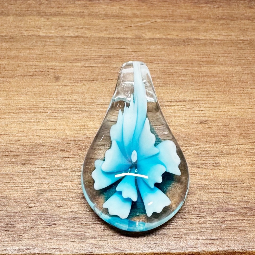 Hand Blown Floral Art Glass Tear Pendant - Picture 2 of 5